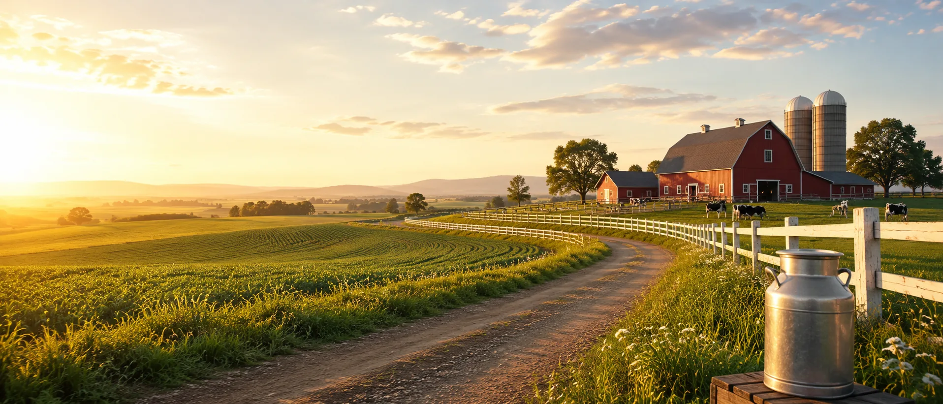 Farm road past a red dairy barn and pasture in California&rsquo;s Central Valley, with a milk can at the fence